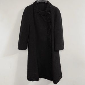 Vintage 1950s Matlin Black Wool Persian Lamb Fur Trim Collarless Coat Jacket S M